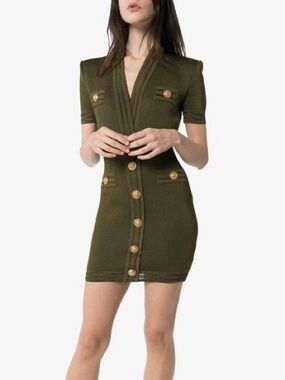 Balmain Olive Green Short Sleeve Knit Mini Dress with Gold Buttons